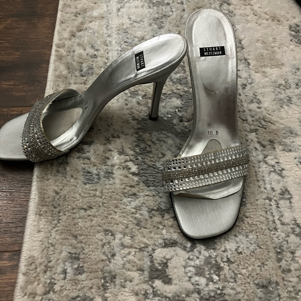 Gorgeous STUART WEITZMAN Vintage Silver Beaded High Heel Slip On’s/Mules Size 10 - Picture 3 of 10